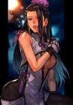  1girl black_hair breasts brown_eyes cleavage_cutout clothing_cutout dress earrings fingerless_gloves gloves hair_over_one_eye hungry_clicker jewelry large_breasts lips long_hair luong snk solo the_king_of_fighters the_king_of_fighters_xiv 