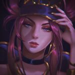  1girl akali black_background black_choker blue_eyes choker closed_mouth commentary gold_nails gradient gradient_background hand_up highres k/da_(league_of_legends) k/da_akali league_of_legends long_hair looking_at_viewer pink_hair portrait purple_headwear shiny shiny_hair shiny_skin simple_background solo solraka 
