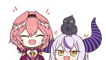  2girls :d ^_^ achilles_(yosshyachillesd) animal_on_head bird bird_on_head blush_stickers chibi closed_eyes crow_(la+_darknesss) eyebrows_visible_through_hair fangs head_wings height_difference highres hololive horns la+_darknesss multiple_girls on_head pink_hair pointy_ears smile takane_lui virtual_youtuber white_background white_hair yellow_eyes 