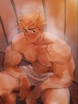  &gt;_o 1boy absurdres bangs bara blonde_hair blush closed_mouth granblue_fantasy green_eyes highres hoonzino large_pectorals looking_at_viewer male_focus muscular muscular_male one_eye_closed pectorals sauna short_hair sitting solo sweat thick_thighs thighs towel towel_around_waist vane_(granblue_fantasy) 