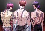  3boys akaza_(kimetsu_no_yaiba) asahito_asa black_hair brown_hair crossover facial_tattoo from_behind full-body_tattoo highres hitoshura horns jujutsu_kaisen kimetsu_no_yaiba multiple_boys purple_hair ryoumen_sukuna_(jujutsu_kaisen) shin_megami_tensei shin_megami_tensei_iii:_nocturne short_hair single_horn tattoo topless_male trait_connection 