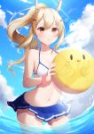  1girl ayanami_(azur_lane) azur_lane ball bangs bare_shoulders beachball bikini bikini_skirt blue_skirt blue_sky blush breasts cleavage cloud collarbone commentary_request cowboy_shot day eyebrows_visible_through_hair hair_between_eyes hair_ornament headgear high_ponytail highres holding holding_ball lens_flare long_hair manjuu_(azur_lane) midriff miniskirt nagura_shiro navel ocean orange_eyes outdoors parted_lips partial_commentary pleated_skirt ponytail scrunchie sidelocks skirt sky small_breasts solo standing sunlight swimsuit wading white_bikini wrist_scrunchie 