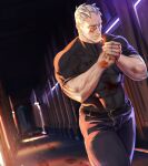  1boy artist_name bara belt black_pants black_shirt blood blood_on_clothes blood_on_face blood_on_hands blood_trail bruise cigarette closed_eyes covered_abs covered_navel highres injury large_pectorals male_focus mouth_hold muscular muscular_male oricalcon overwatch own_hands_together pants pectorals scar scar_on_face shirt short_hair skin_tight soldier:_76_(overwatch) solo taut_clothes taut_shirt white_hair 