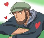  1boy arm_hair beard blush brown_eyes brown_hair closed_mouth commentary_request facial_hair green_headwear hat heart looking_at_viewer lying male_focus meyer_(pokemon) on_stomach pokemon pokemon_(anime) pokemon_xy_(anime) shigure_(ojshigu) shirt short_hair smile solo upper_body valentine 