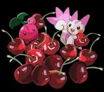  :d alternate_color anzu_(01010611) black_background black_eyes cherry cherubi closed_mouth food fruit highres holding no_humans open_mouth pachirisu pokemon pokemon_(creature) shiny_pokemon simple_background smile symbol-only_commentary teeth tongue upper_teeth 