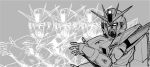  afterimage f91_gundam grey_background greyscale gundam gundam_f91 kin-san_(sasuraiga) lag_train_(vocaloid) looking_ahead mecha mobile_suit monochrome open_hand parody science_fiction sketch solo v-fin 