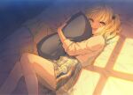  1girl bangs bed blonde_hair blue_skirt blush collared_shirt eyebrows_visible_through_hair feet_out_of_frame flower hair_flower hair_ornament highres kneehighs kouzuki_noa long_hair long_sleeves looking_at_viewer lying miniskirt novel_illustration object_hug official_art on_bed on_side open_mouth papakatsu_jk_no_yowami_wo_nigitta_node_inu_no_sanpo_wo_onegai_shitemita. pillow pillow_hug plaid plaid_skirt pleated_skirt reia school_uniform shirt shirt_tucked_in side_ponytail skirt sleeves_rolled_up smile solo textless thighs upskirt white_legwear white_shirt window_shade 