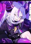  1girl bangs coat demon_horns highres hololive horns la+_darknesss open_mouth pointy_ears purple_coat silver_hair simple_background smile solo utsusumi_kio virtual_youtuber white_background yellow_eyes 