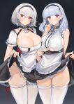  2girls apron azur_lane bangs black_background black_dress black_hairband blush breasts cleavage closed_mouth clothes_lift commentary_request cowboy_shot crossed_bangs dido_(azur_lane) dress dress_lift eyebrows_visible_through_hair hairband highres large_breasts looking_at_viewer medium_hair multiple_girls panties purple_eyes red_eyes short_hair sideboob silver_hair simple_background sirius_(azur_lane) thighhighs thighs underwear white_apron white_legwear white_panties yayako_(804907150) 