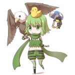  1girl animal_on_arm animal_on_head bangs barrel belt bird bird_on_arm bird_on_head black_footwear boots bra_strap breasts brown_belt chibi closed_mouth commentary_request eagle elbow_gloves eyebrows_visible_through_hair fingerless_gloves full_body galapago_(ragnarok_online) galapagos_penguin gloves green_eyes green_gloves green_hair green_legwear green_scarf green_shorts green_tube_top looking_at_viewer midriff natsuya_(kuttuki) navel on_head penguin pouch ragnarok_online ranger_(ragnarok_online) scarf short_hair shorts simple_background small_breasts smile sunglasses thighhighs umbrella white_background 