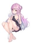  1girl ahoge ass bangs bare_legs bare_shoulders barefoot black_dress blush breasts closed_mouth double_bun dress eyebrows_visible_through_hair gloves hair_bun highres knees_up long_hair looking_at_viewer mishuo_(misuo69421) original panties purple_eyes purple_hair revealing_clothes side_bun skindentation sleeveless sleeveless_dress small_breasts solo underwear v very_long_hair white_gloves 