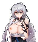  1girl blush breasts breasts_outside bronya_zaychik clothes_pull dress dress_pull eyebrows_visible_through_hair grey_eyes grey_hair hair_between_eyes highres honkai_(series) honkai_impact_3rd large_breasts long_hair looking_at_viewer mastgg nipples parted_lips simple_background single_bare_shoulder solo upper_body white_background 