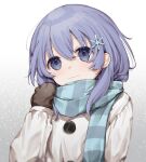  1girl :3 bangs blue_eyes blue_hair buttons enpera eyebrows_visible_through_hair gloves gradient gradient_background grey_background hair_between_eyes hair_ornament hand_up jacket looking_at_viewer maomaomao nijisanji scarf snowflake_hair_ornament solo striped striped_scarf upper_body virtual_youtuber white_background yuuki_chihiro 