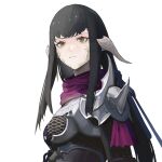  1girl armor au_ra black_hair blue_ribbon closed_mouth commentary final_fantasy final_fantasy_xiv hair_ribbon highres horns long_hair purple_scarf ribbon rocher-hd scales scarf shoulder_spikes simple_background solo spikes upper_body white_background yellow_eyes yugiri_mistwalker 