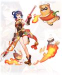  1girl :d absurdres apple bangs baozi bare_shoulders blue_hair breathing_fire brown_footwear brown_gloves brown_shorts chili_pepper chinese_clothes fingerless_gloves fire food fruit full_body genshin_impact gloves guoba_(genshin_impact) highres holding holding_food holding_fruit holding_polearm holding_weapon open_mouth polearm pot shorts simple_background sleeveless smile solo spear teeth tempura tingyu_(490101957) weapon white_background xiangling_(genshin_impact) yellow_eyes 