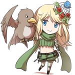  1girl bangs belt bird birdcage blonde_hair blue_eyes bluebird boots breasts brown_belt brown_footwear cage chibi closed_mouth commentary_request elbow_gloves eyebrows_visible_through_hair falcon falconry fingerless_gloves flower full_body gloves green_gloves green_legwear green_scarf green_shorts green_tube_top hair_flower hair_ornament leaf_hair_ornament long_hair looking_at_animal looking_to_the_side midriff natsuya_(kuttuki) navel pouch ragnarok_online ranger_(ragnarok_online) red_flower rose scarf shorts simple_background small_breasts smile solo thighhighs white_background 