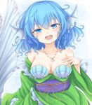  1girl bangs blue_background blue_eyes blue_hair breasts cleavage commentary_request eyebrows_visible_through_hair frilled_kimono frills green_kimono head_fins highres japanese_clothes jewelry kimono long_sleeves looking_at_viewer medium_breasts mermaid monster_girl neko_mata open_mouth pendant sash shell shell_bikini shell_necklace short_hair smile solo touhou upper_body wakasagihime wide_sleeves 