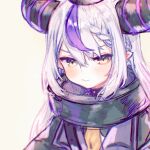  1girl absurdres blush closed_mouth commentary_request eyebrows_behind_hair haccaamet hair_between_eyes highres hololive horns la+_darknesss long_hair multicolored_hair pointy_ears purple_hair silver_hair streaked_hair virtual_youtuber yellow_eyes 