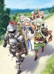  2girls 3boys :d armor arrow_(projectile) backpack bag bangs black_gloves blonde_hair blue_eyes boots bow_(weapon) brown_cape brown_shorts buckler cape closed_mouth cover_image day dress dwarf dwarf_shaman elf full_body gauntlets gloves goblin_slayer goblin_slayer! greaves green_eyes green_hair hand_up hat helmet high_elf_archer_(goblin_slayer!) highres holding holding_staff kannatsuki_noboru lizard_priest_(goblin_slayer) lizardman long_hair long_sleeves multiple_boys multiple_girls novel_illustration official_art open_mouth outdoors plume pointy_ears ponytail priestess_(goblin_slayer!) quiver second-party_source shadow sheath sheathed shield shorts silver_hair smile staff textless thigh_boots thighhighs walking weapon white_headwear 