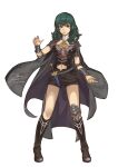  1girl bangs black_footwear black_shorts blue_eyes boots breasts byleth_(fire_emblem) byleth_(fire_emblem)_(female) closed_mouth detached_collar fadingz fire_emblem fire_emblem:_three_houses green_hair highres knee_boots long_hair medium_breasts midriff navel sheath sheathed shiny shiny_hair short_shorts shorts signature simple_background solo standing stomach sword weapon white_background 