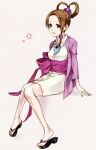  1girl ace_attorney breasts brown_eyes brown_hair feet hair_ornament hair_rings japanese_clothes jewelry kenao magatama necklace open_mouth pearl_fey phoenix_wright:_ace_attorney_-_dual_destinies sandals short_hair simple_background skirt solo 