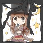  1girl ace_of_spades bangs black_headwear breasts brown_coat brown_eyes brown_gloves brown_hair brown_legwear card_in_mouth chibi coat commentary_request crescent cross-laced_clothes cross-laced_top curtains elbow_gloves eyebrows_visible_through_hair full_body fur-trimmed_coat fur_trim gloves hat long_hair looking_at_viewer medium_breasts miniskirt mouth_hold natsuya_(kuttuki) ragnarok_online shadow_chaser_(ragnarok_online) simple_background sitting skirt solo star_(symbol) thighhighs top_hat white_background yokozuwari 