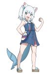  1girl absurdres animal_ears armpits bag bangs blue_dress blue_eyes blue_hair cat_ears dress fish_tail full_body gawr_gura gradient_hair hair_cubes hair_ornament handbag highres holding hololive hololive_english looking_at_viewer multicolored_hair parody poke_ball pokemon sandals shark_print shark_tail sharp_teeth sidelocks simple_background smile solo standing style_parody style_request suspenders tail teeth valefal_coneri virtual_youtuber white_background white_hair 