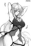  1girl absurdres ahoge arknights armpits arms_behind_head ascot blush breasts cape commentary covered_navel dancing dress earrings embarrassed gladiia_(arknights) greyscale high_collar highres jewelry looking_at_viewer me!me!me! me!me!me!_dance_(meme) medium_breasts meme monochrome no_hat no_headwear pants pointy_ears solo tight tight_pants y0ung 