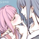  2girls artist_name blue_hair blue_nails blush braid hand_on_another&#039;s_chin imminent_kiss jewelry long_hair magia_record:_mahou_shoujo_madoka_magica_gaiden mahou_shoujo_madoka_magica multiple_girls nail_polish nanami_yachiyo pink_hair ring studiozombie tamaki_iroha upper_body yuri 