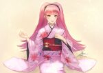  1girl alternate_costume bangs black_hairband blunt_bangs eyebrows_visible_through_hair fadingz fire_emblem fire_emblem:_three_houses floral_print hairband hilda_valentine_goneril japanese_clothes kimono long_hair long_sleeves looking_at_viewer obi parted_lips pink_hair pink_kimono print_kimono red_eyes sash signature sitting smile solo twintails very_long_hair white_background wide_sleeves 