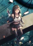  1girl arm_up bangs black_gloves black_hair black_legwear black_skirt blurry blurry_background blush breasts collarbone crop_top fadingz final_fantasy final_fantasy_vii final_fantasy_vii_remake fingerless_gloves from_above full_body gloves highres large_breasts long_hair looking_at_viewer looking_up midriff miniskirt navel parted_lips pleated_skirt reaching_out red_eyes shiny shiny_hair signature sitting skirt solo sparkle stomach suspender_skirt suspenders swept_bangs thighhighs tifa_lockhart very_long_hair zettai_ryouiki 