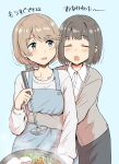  2girls absurdres apron betock blue_eyes blush bob_cut brown_hair closed_eyes commentary_request cooking eyebrows_visible_through_hair highres hug hug_from_behind long_hair multiple_girls open_mouth original ponytail pot short_hair translation_request yuri 