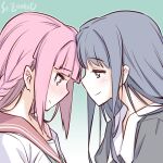  2girls artist_name blue_hair blush braid forehead-to-forehead heads_together long_hair looking_at_another magia_record:_mahou_shoujo_madoka_magica_gaiden mahou_shoujo_madoka_magica multiple_girls nanami_yachiyo pink_hair profile school_uniform serafuku smile studiozombie tamaki_iroha upper_body yuri 