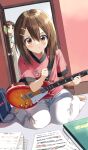  2girls bag bangs barefoot blush brown_eyes brown_hair casual commentary_request electric_guitar gibson_les_paul guitar hair_between_eyes hair_ornament hairclip highres hirasawa_ui hirasawa_yui indoors instrument k-on! looking_at_viewer medium_hair multiple_girls open_door pants paper peeking_out pentagon_(railgun_ky1206) pink_shirt plectrum shirt short_sleeves sitting solo_focus wariza white_pants 