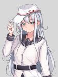  1girl aqua_eyes bad_id bad_pixiv_id belt black_belt breasts flat_cap hammer_and_sickle hat hibiki_(kancolle) highres jiangyou_dang kantai_collection long_sleeves remodel_(kantai_collection) shirt silver_hair small_breasts solo star_(symbol) upper_body verniy_(kancolle) white_headwear white_shirt 