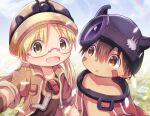  1boy 1girl blonde_hair brown_hair cape clant_st close-up commentary_request dark_skin eyebrows_visible_through_hair facial_mark glasses helmet looking_at_viewer made_in_abyss open_mouth regu_(made_in_abyss) riko_(made_in_abyss) short_hair smile twintails whistle whistle_around_neck yellow_eyes 