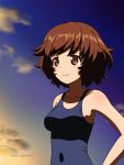  1girl akiyama_yukari artist_name bangs blue_swimsuit brown_eyes brown_hair closed_mouth cloud cloudy_sky commentary covered_navel dated eyebrows_visible_through_hair girls_und_panzer highres looking_to_the_side messy_hair naotosi one-piece_swimsuit outdoors school_swimsuit short_hair sky smile solo swimsuit twilight upper_body 