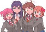  4girls bow brown_hair doki_doki_literature_club green_eyes hair_bow hair_ornament hair_ribbon hug jacket jsy9emonizou long_hair looking_at_viewer monika_(doki_doki_literature_club) multiple_girls natsuki_(doki_doki_literature_club) pink_hair ponytail ribbon sayori_(doki_doki_literature_club) school_uniform short_hair smile yuri_(doki_doki_literature_club) 