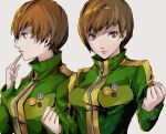  1girl bangs breasts brown_eyes brown_hair clenched_hands closed_mouth finger_to_mouth green_jacket grey_background hands_up high_collar highres jacket lips looking_at_viewer looking_to_the_side medium_breasts multiple_views persona persona_4 pertex_777 satonaka_chie shadow shiny shiny_hair short_hair simple_background smile swept_bangs track_jacket zipper 