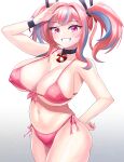  1girl absurdres azur_lane bangs bikini blush bouhuuu breasts bremerton_(azur_lane) choker cleavage cowboy_shot eyebrows_visible_through_hair hair_between_eyes highres large_breasts long_hair looking_at_viewer mole mole_on_breast multicolored_hair navel pink_bikini pink_eyes pink_hair smile solo streaked_hair swimsuit twintails two-tone_hair 