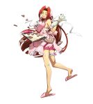 1girl absurdres apron bare_legs breasts floating_hair full_body hair_tubes highres holding langrisser langrisser_iii large_breasts long_hair looking_at_viewer miniskirt official_art one_eye_closed parted_lips pink_apron pink_footwear pink_skirt red_hair ribbon shiny shiny_hair shiny_skin skirt slippers solo standing transparent_background varna_(langrisser_iii) very_long_hair white_ribbon yellow_eyes 