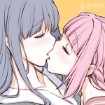  2girls artist_name biting blue_hair blush braid closed_eyes face lip_biting long_hair magia_record:_mahou_shoujo_madoka_magica_gaiden mahou_shoujo_madoka_magica multiple_girls nanami_yachiyo pink_hair school_uniform serafuku studiozombie tamaki_iroha yuri 