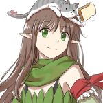 1girl :3 animal_on_head armband bangs bra_strap brown_hair camouflage_scarf cat cat_on_head closed_mouth commentary_request elbow_gloves eyebrows_visible_through_hair flat_chest food gloves green_eyes green_gloves green_scarf green_tube_top long_hair looking_at_viewer natsuya_(kuttuki) on_head pointy_ears ragnarok_online ranger_(ragnarok_online) scarf simple_background smile solo toast upper_body white_background 