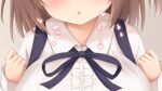  1girl blush breast_squeeze breasts brown_hair center_frills collared_shirt frills head_out_of_frame heart indoors large_breasts long_sleeves looking_at_viewer open_mouth original shirt solo white_shirt yuu_(yumezakura) 