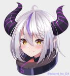  1girl ahoge alternate_hair_length alternate_hairstyle blush braid collar commentary highres hololive horns la+_darknesss multicolored_hair pointy_ears purple_hair short_hair signature silver_hair smile streaked_hair striped_horns takumin_dx virtual_youtuber white_background yellow_eyes 