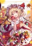  1girl :d apricot_(fruit) apron ascot autumn_leaves bangs basket berry blonde_hair blush border bow chestnut collarbone commentary_request crystal eyebrows_visible_through_hair eyelashes fig flandre_scarlet flat_chest food frilled_apron frilled_shirt_collar frilled_sleeves frills fruit fruit_basket grapes hat hat_bow hat_ribbon highres holding holding_food holding_fruit kure~pu looking_at_viewer mob_cap open_mouth peach pomegranate puffy_short_sleeves puffy_sleeves red_bow red_eyes red_ribbon red_skirt red_vest ribbon short_sleeves skirt smile solo touhou upper_body vest waist_apron white_apron white_headwear wings yellow_ascot 