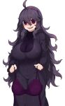  1girl @_@ ahoge alternate_breast_size bangs bra bra_removed breasts covered_nipples dress feet_out_of_frame frilled_sleeves frills hair_between_eyes hairband hex_maniac_(pokemon) highres holding holding_bra holding_clothes holding_underwear huge_breasts irokohaku lace lace_bra long_dress long_hair long_sleeves looking_at_viewer messy_hair no_bra open_mouth pokemon pokemon_(game) pokemon_xy purple_bra purple_dress purple_eyes purple_hair purple_hairband purple_shirt ribbed_shirt shirt sidelocks simple_background smile solo spider_web_print standing sweat turtleneck underwear very_long_hair wavy_mouth white_background 