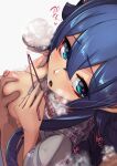  1girl 1other areolae bangs blue_bow blue_eyes blue_hair blush bow bowl breast_grab breasts chopsticks debt eyebrows_visible_through_hair eyelashes from_behind furrowed_brow grabbing hair_between_eyes hair_bow heart heart-shaped_pupils highres holding holding_bowl holding_chopsticks long_hair looking_at_viewer looking_up medium_breasts motion_lines puffy_nipples rice rice_bowl shiny shiny_hair short_sleeves simple_background standing steam symbol-shaped_pupils textless touhou white_background yorigami_shion yukito_(dreamrider) 