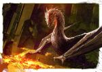  1boy bilbo_baggins blurry blurry_background border dragon fantasy glowing glowing_eyes gold highres hobbit indoors kalmahul legendarium looking_at_another open_mouth size_difference smaug standing the_hobbit white_border wings wyvern 