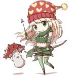  1girl :3 arrow_(projectile) bangs belt blonde_hair bow_(weapon) bra_strap breasts brown_belt chibi closed_mouth commentary_request eyebrows_visible_through_hair fingerless_gloves full_body gloves green_eyes green_gloves green_legwear green_scarf green_shorts green_tube_top hat heart heart_print holding holding_arrow holding_bow_(weapon) holding_weapon long_hair looking_at_viewer midriff mushroom natsuya_(kuttuki) navel nightcap open_mouth pouch ragnarok_online ranger_(ragnarok_online) red_headwear scarf shorts simple_background small_breasts smile spore_(ragnarok_online) thighhighs weapon white_background 